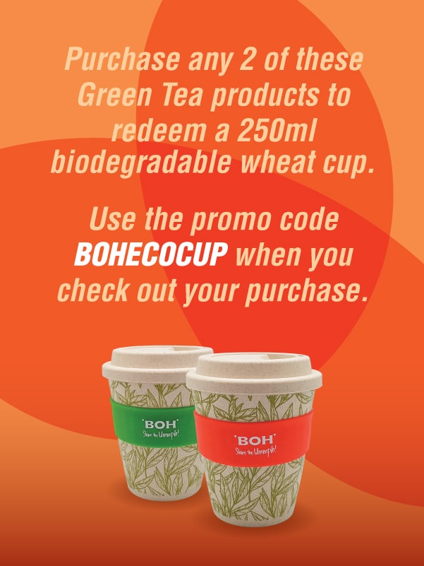Purchase any 2 of BOH Jasmine and Pure Green Tea to redeem a biodegradable wheat mug.